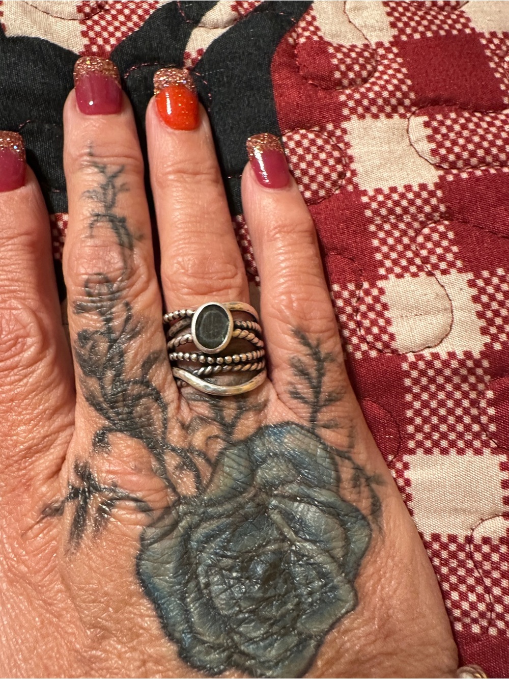 Sterling Silver Multi-Band Ring with Black Stone - Women's Jewelry